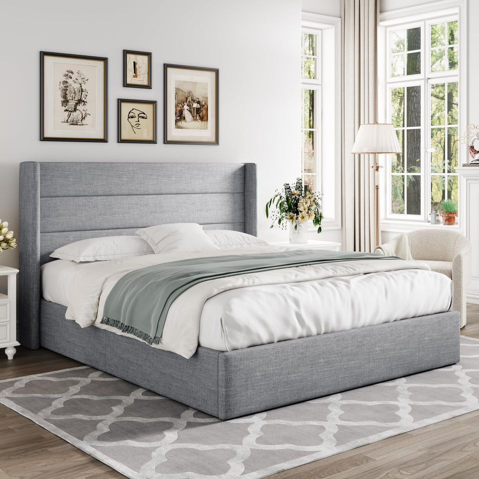 Allewie King Size Lift Up Storage Bed, Modern Wingback Headboard, Hydraulic Support, No Box Spring Needed, Light Beige