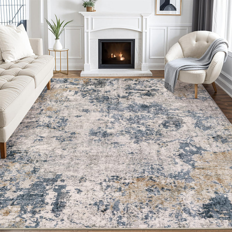Area Rugs for Living Room: 12x15 Abstract Washable Rug Modern Neutral Large Soft Stain Resistant Non-Slip Backing Machine Table for Bedroom Dining Room Indoor Home Office Carpet - Gold Brown