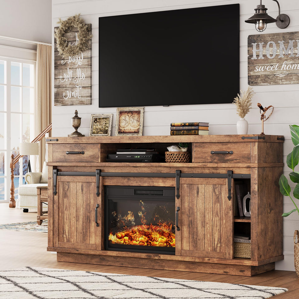 59'' Fireplace TV Stand with 3D Flame Electric Fireplace Heater, 34'' Tall Farmhouse TV Stand for 65 Inch TV, Entertainment Center TV Console with 2 Drawers, Sliding Barn Door for Living Room - White