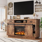 59'' Fireplace TV Stand with 3D Flame Electric Fireplace Heater, 34'' Tall Farmhouse TV Stand for 65 Inch TV, Entertainment Center TV Console with 2 Drawers, Sliding Barn Door for Living Room - White