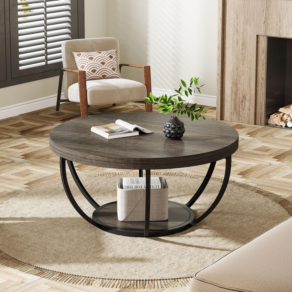 Tribesigns Round Coffee Table, 31.7" Wooden 2-Tier Circle Coffee Table with Storage Shelves, Modern Accent Cocktail Table Center Table for Living Room, Rustic Brown