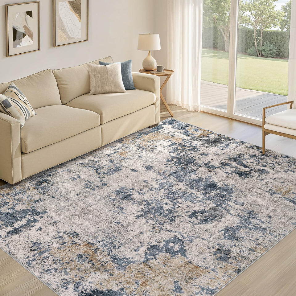 Area Rugs for Living Room: 12x15 Abstract Washable Rug Modern Neutral Large Soft Stain Resistant Non-Slip Backing Machine Table for Bedroom Dining Room Indoor Home Office Carpet - Gold Brown