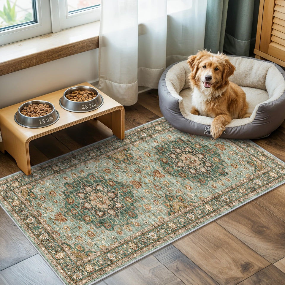 TOPRUUG Washable Oriental Area Rug - 12x15 Rugs for Living Room Soft Carpet for Bedroom Waterproof Floral Distressed Indoor Stain Resistant Non-Shedding Floor Carpets (Green, 12x15)