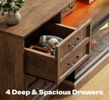 Huuger Fireplace TV Stand with LED Lights for 75 Inch TV, 3-Side Glass Fireplace Entertainment Center, 70 Inch Farmhouse Television Stands Stand with 4 Deep Drawers for Living Room, Brown