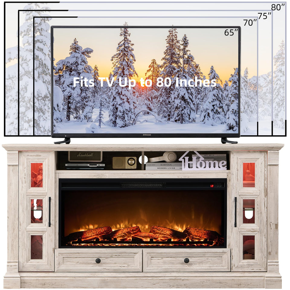 OKD Fireplace TV Stand for up-to-80 TV, Farmhouse 36" Tall Entertainment Center with 42" Electric Fireplace, Media Console with Glass Door Cabinets & Drawers for Living Room, Antique White