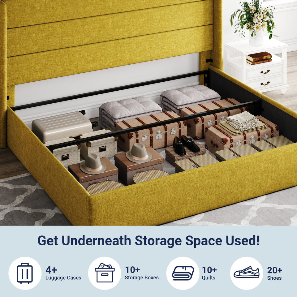 Allewie King Size Lift Up Storage Bed, Modern Wingback Headboard, Hydraulic Support, No Box Spring Needed, Light Beige