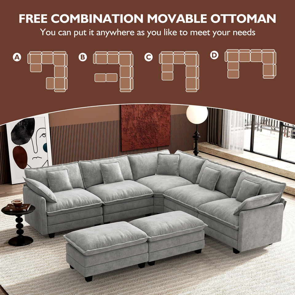 Ihanherry 146" U-Shaped Modern Sofa Modular Sectional Cloud Couch with 2 Ottoman, 6-Seat Chenille Deep Seat Sofa with 6 Pillows for Living Room, Bedroom and Apartment, Grey