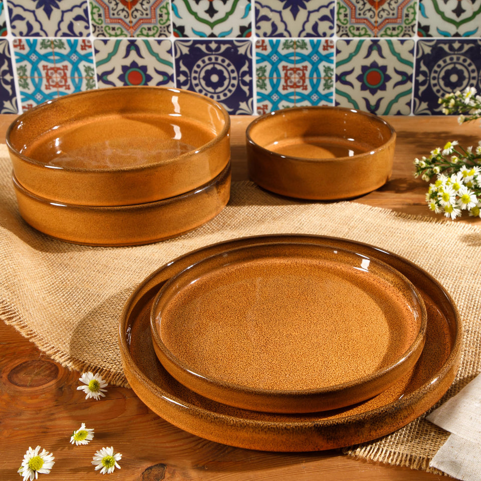 Bloomhouse Santorini Mist Double Bowl Terracotta Reactive Glaze Plates and Bowls Dinnerware Set - Amber, Service for Four (16pcs)