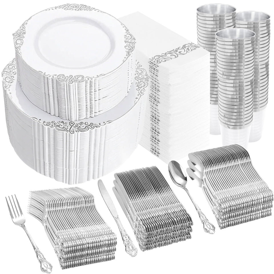 YOUBET 700PCS Silver Plastic Plates - White and Silver Disposable Plates - Silvery Plastic Dinnerware Set - Include 200 Plates, 300 Heavy Duty Silverware, 100 Cups and 100 Napkins for Wedding & Party