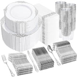 YOUBET 700PCS Silver Plastic Plates - White and Silver Disposable Plates - Silvery Plastic Dinnerware Set - Include 200 Plates, 300 Heavy Duty Silverware, 100 Cups and 100 Napkins for Wedding & Party