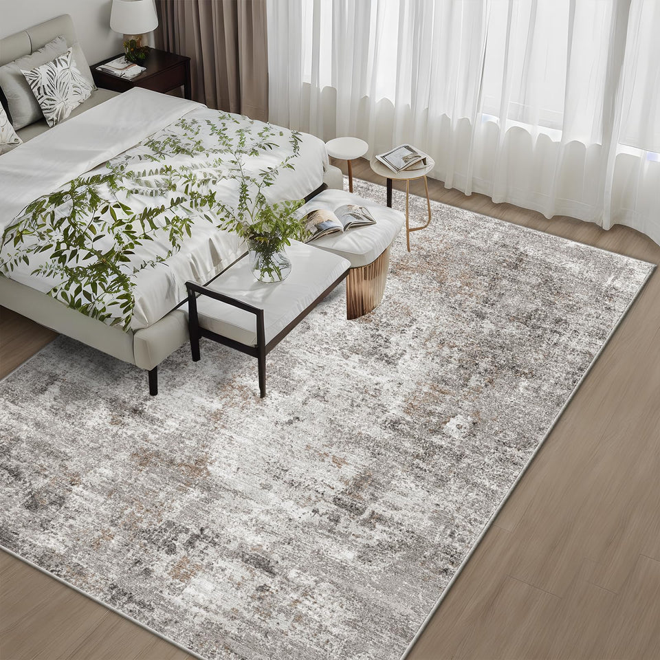 12x15 Area Rug for Living Room – Large Modern Neutral Abstract Thin Washable Carpet, Soft Low Pile Non-Slip Stain-Resistant for Bedroom Dining Room Home Office (Beige Grey)