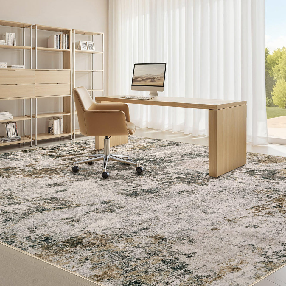 Area Rugs for Living Room: 12x15 Abstract Washable Rug Modern Neutral Large Soft Stain Resistant Non-Slip Backing Machine Table for Bedroom Dining Room Indoor Home Office Carpet - Gold Brown