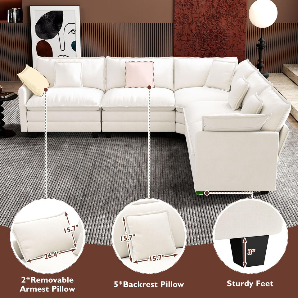 Ihanherry 146" U-Shaped Modern Sofa Modular Sectional Cloud Couch with 2 Ottoman, 6-Seat Chenille Deep Seat Sofa with 6 Pillows for Living Room, Bedroom and Apartment, Grey