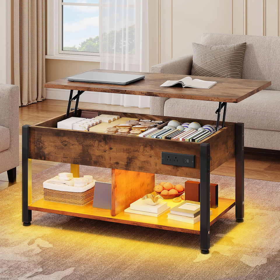 YITAHOME Lift Top Coffee Table with RGB Light, 3-in-1 Coffee Table with Power Outlets, Hidden & Open Storage, Adjustable Height, Wooden Dining Table for Living Room, Home Office, Brown