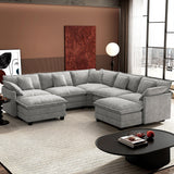 Ihanherry 146" U-Shaped Modern Sofa Modular Sectional Cloud Couch with 2 Ottoman, 6-Seat Chenille Deep Seat Sofa with 6 Pillows for Living Room, Bedroom and Apartment, Grey