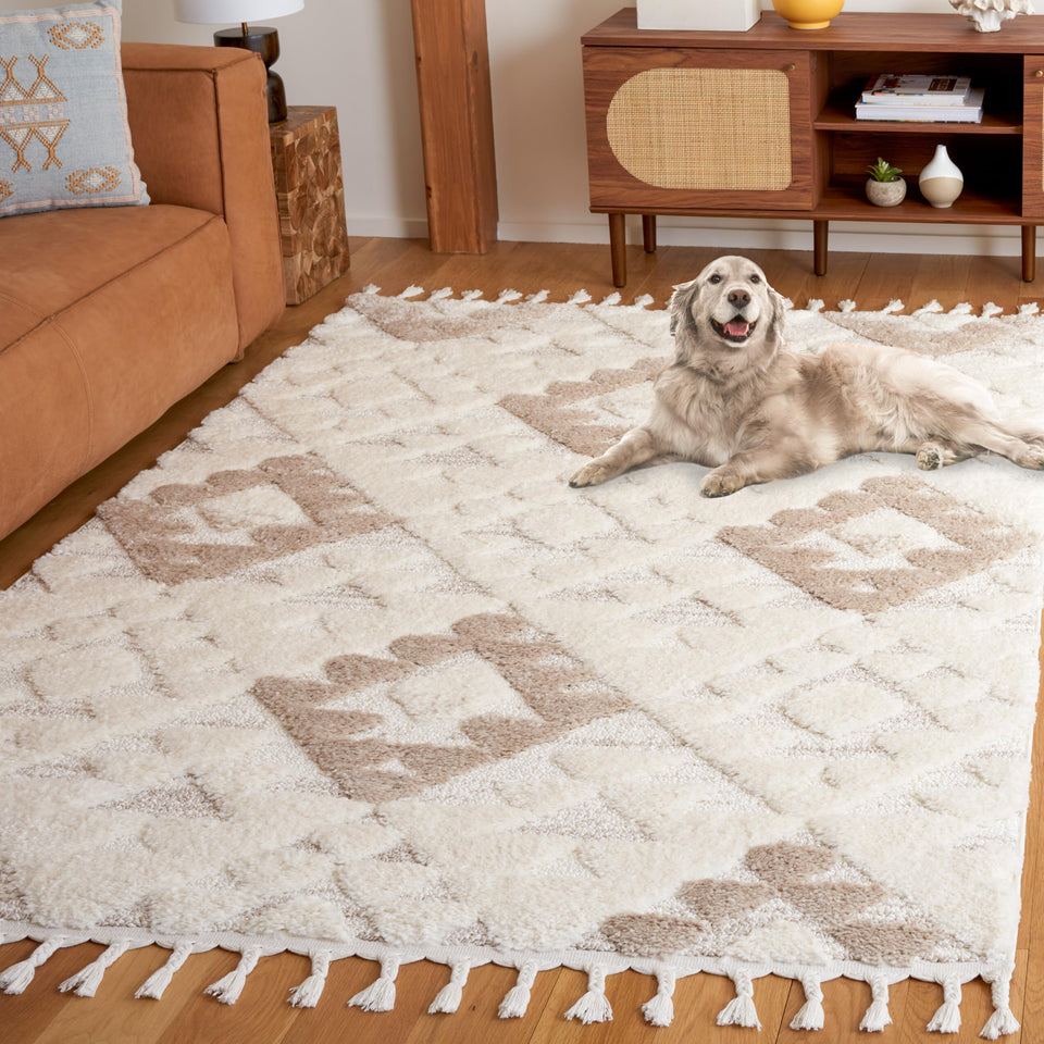 SAFAVIEH Area Rug 8x10 - Moroccan Tassel Shag Collection - Large - Ivory & Brown, Boho Design, Non-Shedding & Easy Cleaning, Plush Pile, Ideal for Living Room, Bedroom, Dining Space (MTS688A)