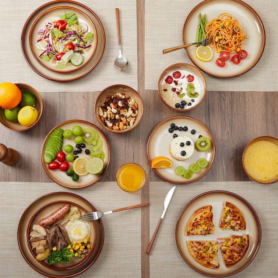 Pokini 24 Piece Dinnerware Sets for 8, Modern Stoneware Plates and Bowls Setst, Perfect for Family Gatherings & Holiday Celebrations, Easy Cleaning Dishes Set, Stack Compactly Dishware, Brown Green