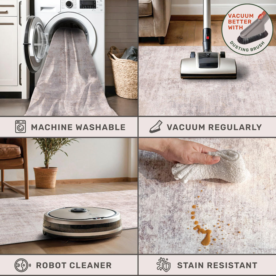 Neutral Living Room Rug - 10x14 Farmhouse Beige Brown Large Area Rug for Dining Room, Bedroom, Low Pile Lightweight Washable