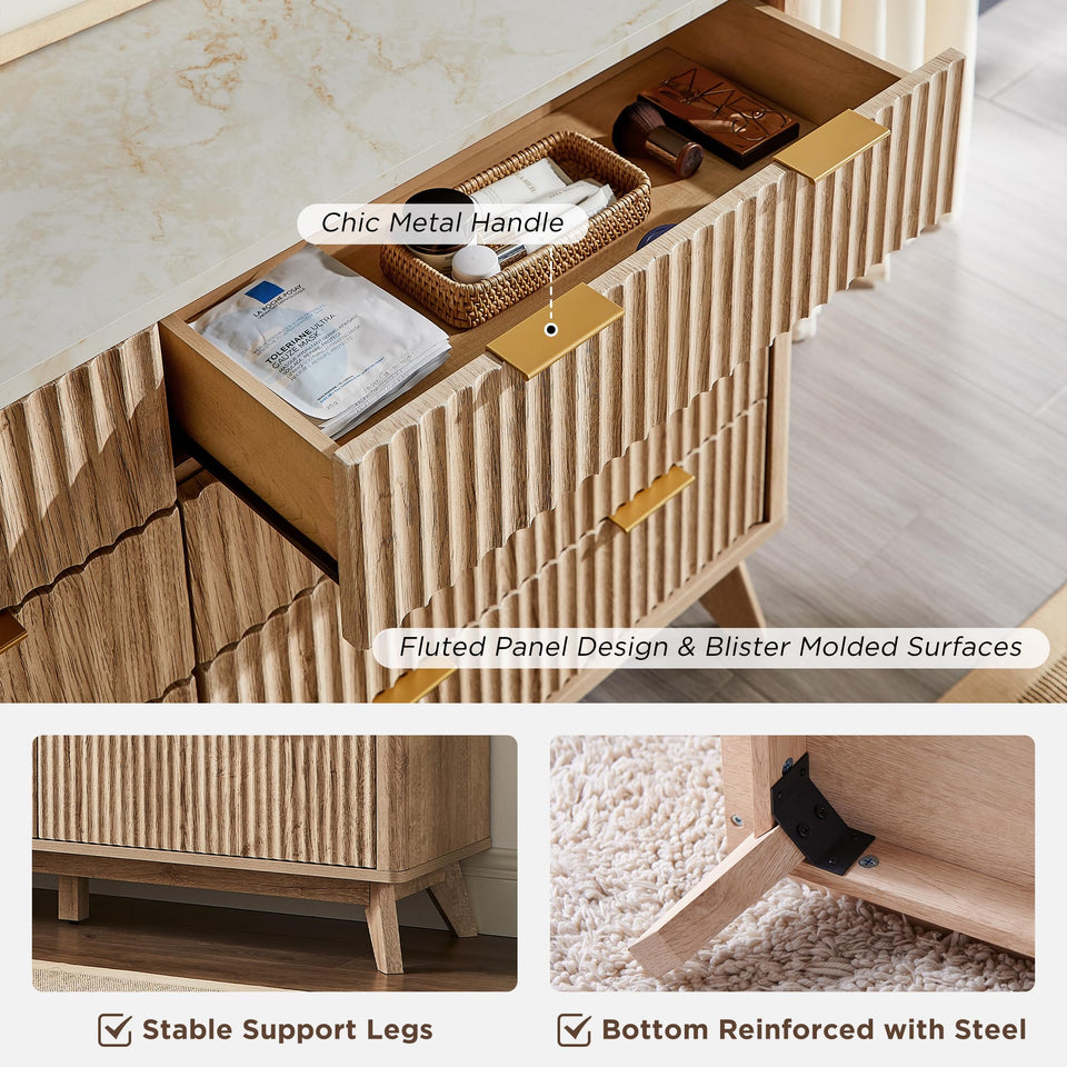 T4TREAM Fluted 7 Drawers Dresser, 54" Wide Modern Chest of Drawers with Faux Marble Top, Curved Profile Design, Dresser TV Stand, Wood Drawer Organizer for Bedroom, Living Room, Hallway, Natural Oak