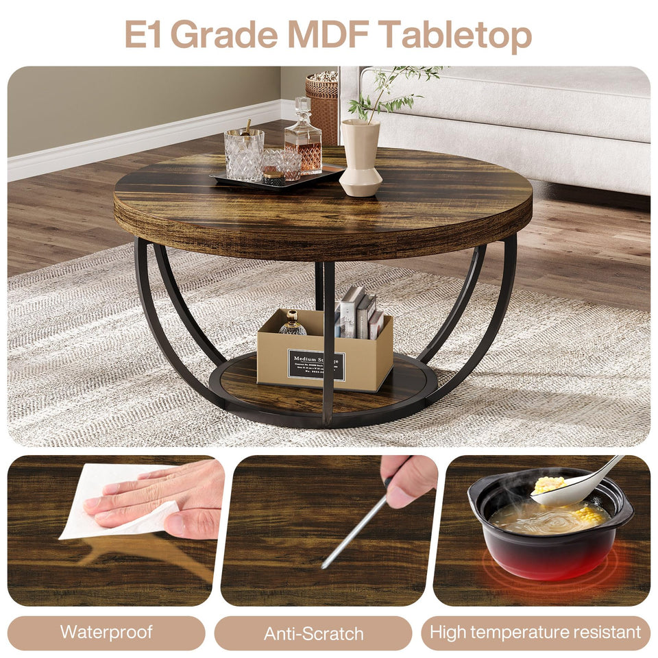 Tribesigns Round Coffee Table, 31.7" Wooden 2-Tier Circle Coffee Table with Storage Shelves, Modern Accent Cocktail Table Center Table for Living Room, Rustic Brown