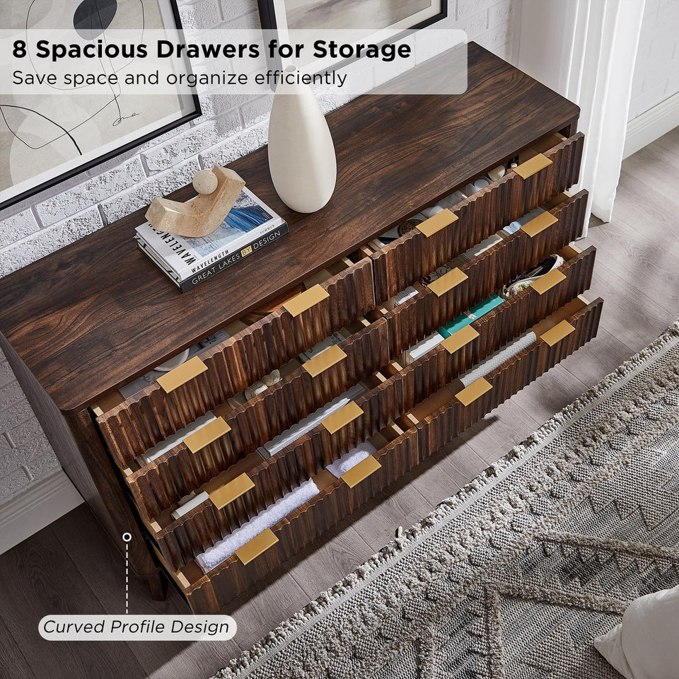 T4TREAM Fluted 7 Drawers Dresser, 54" Wide Modern Chest of Drawers with Faux Marble Top, Curved Profile Design, Dresser TV Stand, Wood Drawer Organizer for Bedroom, Living Room, Hallway, Natural Oak