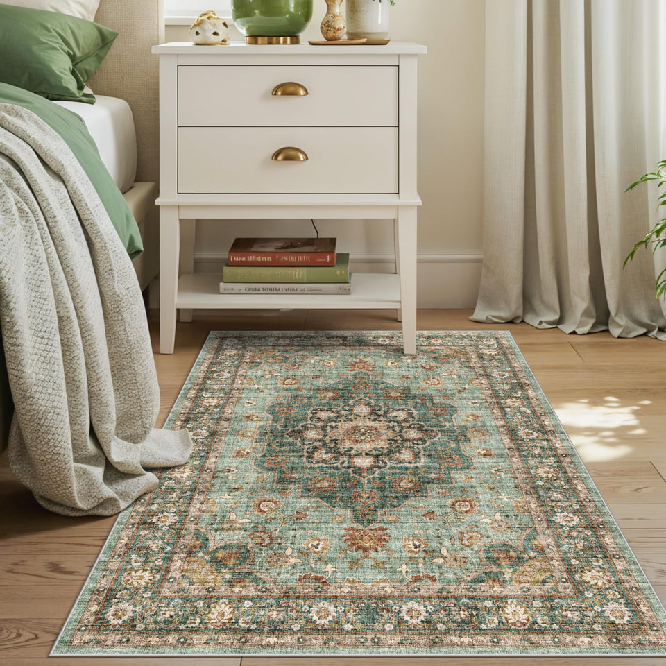 TOPRUUG Washable Oriental Area Rug - 12x15 Rugs for Living Room Soft Carpet for Bedroom Waterproof Floral Distressed Indoor Stain Resistant Non-Shedding Floor Carpets (Green, 12x15)