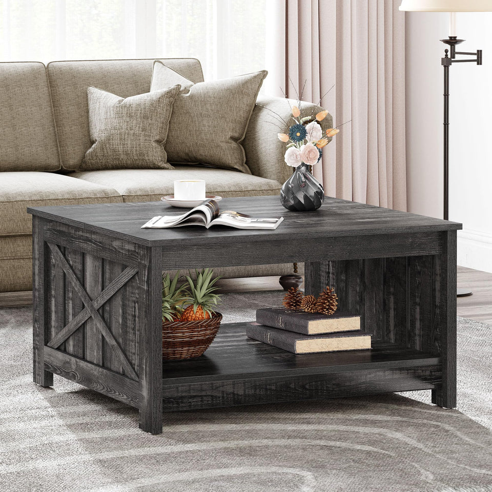 YITAHOME Coffee Table Farmhouse Coffee Table with Storage Rustic Wood Cocktail Table, Square Coffee Tables for Living Meeting Room with Half Open Storage Compartment, Grey Wash