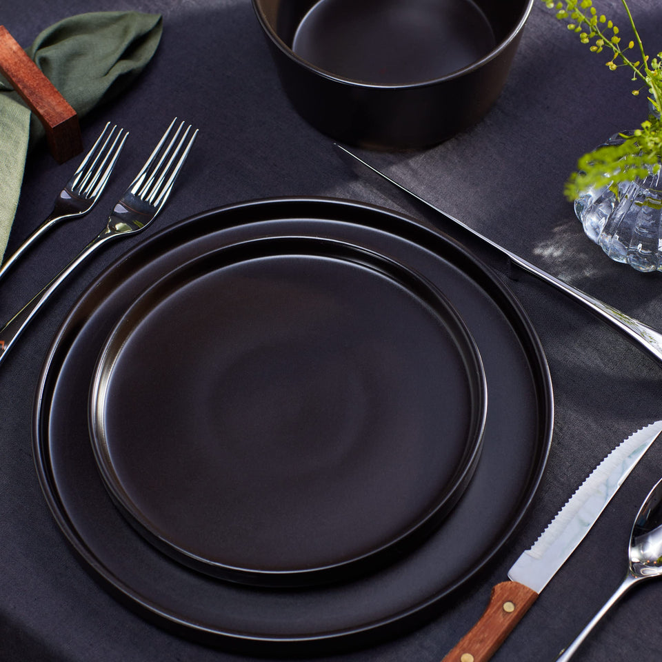 Stone Lain Celina Stoneware 32 Piece Dinnerware Set, Plates and Bowls, Black Matte Dish Collection, Service for 8 – Contemporary Minimalist Style, Microwave & Dishwasher Safe