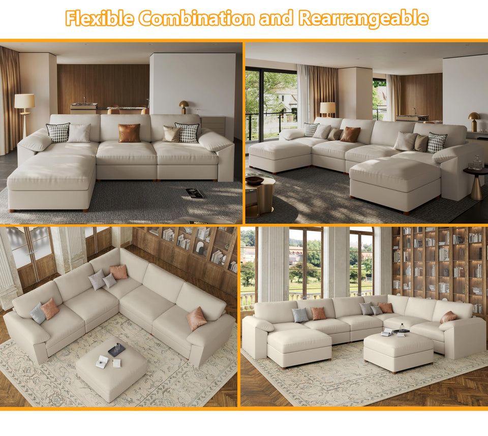 EASE MOOSE Leather Sectional Couch, Oversized Modular Sectional Sofas, Wide Deep Seat Modular Couch, Scratch Resistant Faux Leather Material, L Shaped Sofa for Big Spaces,Beige