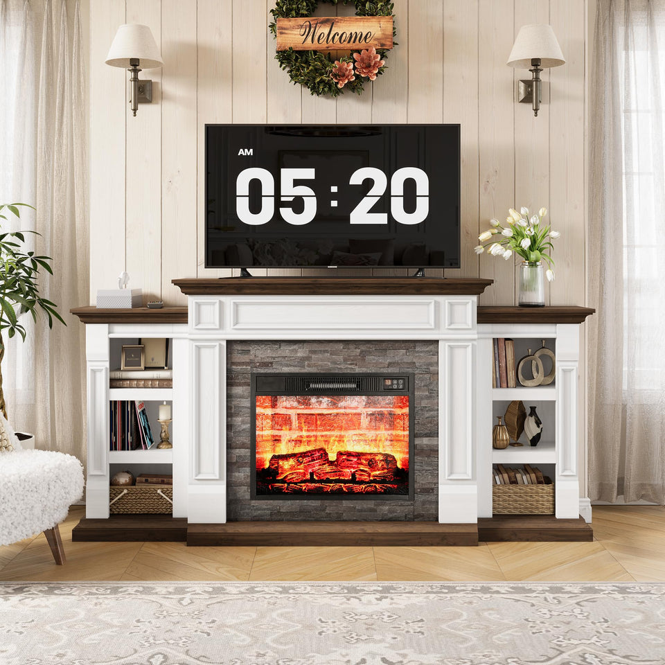 80" Fireplace TV Stand for TVs Up to 90 Inch, Electric Fireplace with Mantel, Farmhouse Entertainment Center with Storage, Realistic Stacked Stone Surround with Remote Control for Living Room