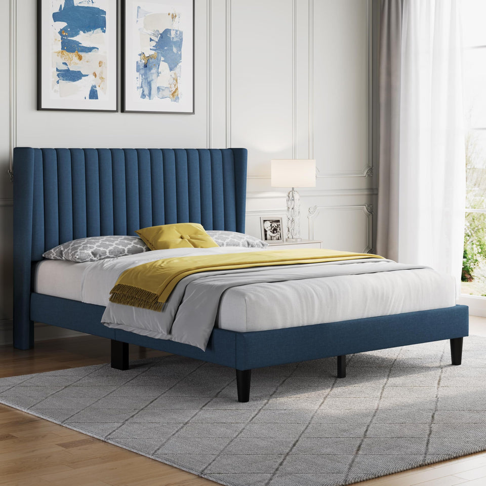 Yaheetech King Bed Frame Upholstered Platform Bed with Fabric Headboard, Wing Edge Design/Non-Slip and Noise-Free/Wooden Slats Support/No Box Spring Needed/Easy Assembly, Ivory King Bed