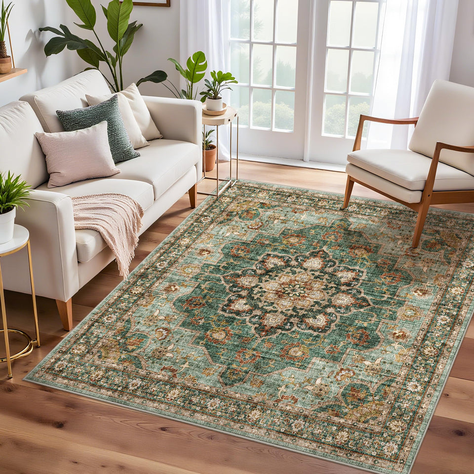 TOPRUUG Washable Oriental Area Rug - 12x15 Rugs for Living Room Soft Carpet for Bedroom Waterproof Floral Distressed Indoor Stain Resistant Non-Shedding Floor Carpets (Green, 12x15)
