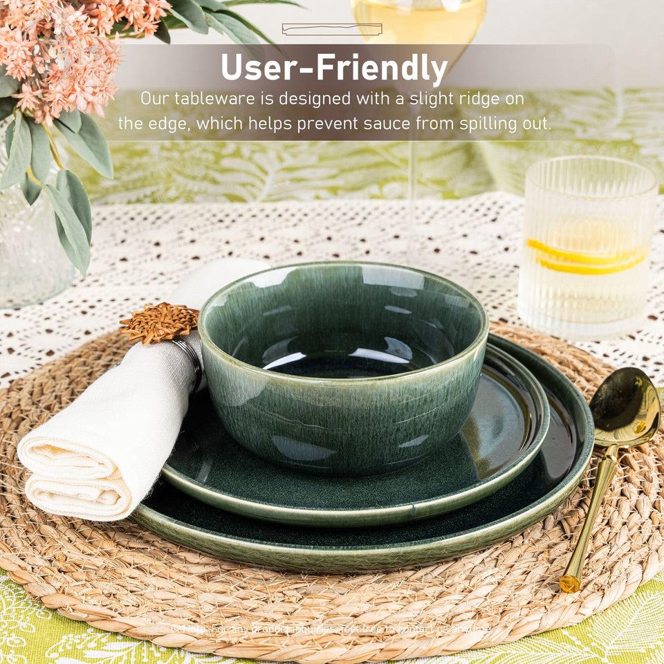 GBHOME Ceramic Dinnerware Sets for 8, 24 Pieces Stoneware Plates and Bowls Sets, Scratch Resistant Dishes, Dishwasher & Microwave Safe, Reactive Glaze-Green Wheat
