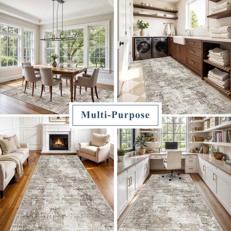 12x15 Area Rug for Living Room – Large Modern Neutral Abstract Thin Washable Carpet, Soft Low Pile Non-Slip Stain-Resistant for Bedroom Dining Room Home Office (Beige Grey)