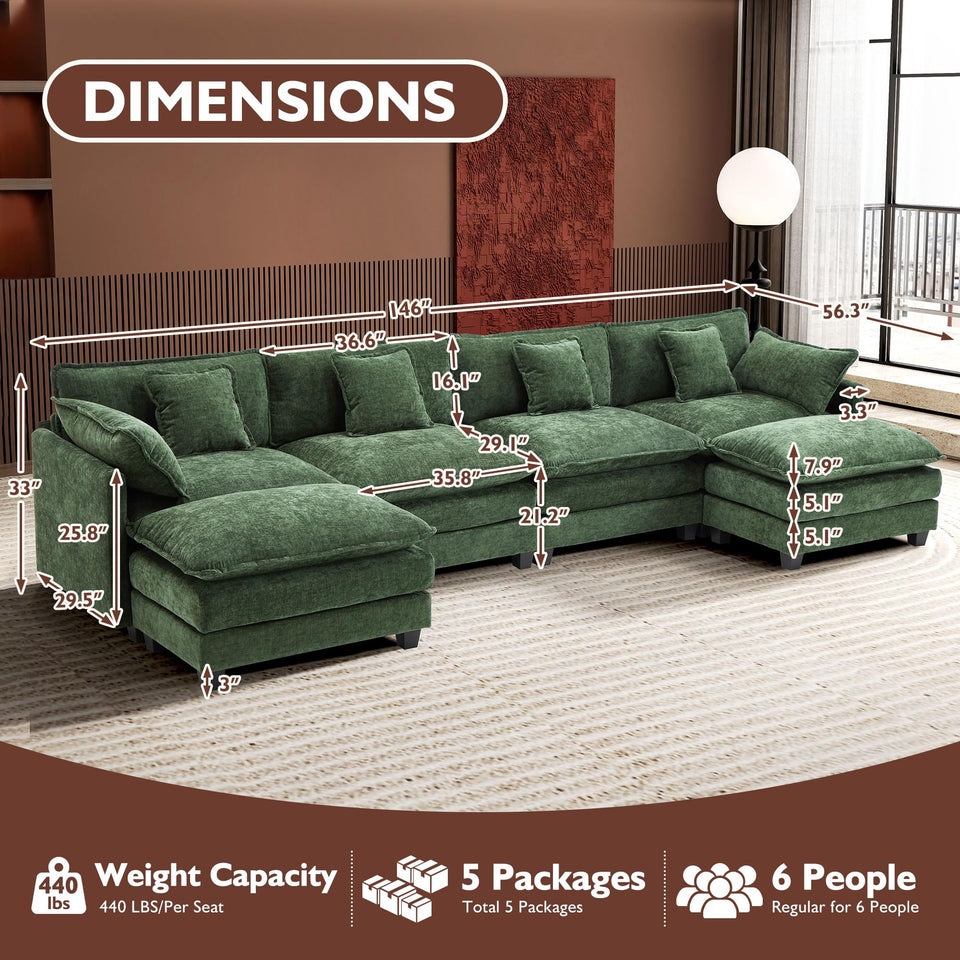 Ihanherry 146" U-Shaped Modern Sofa Modular Sectional Cloud Couch with 2 Ottoman, 6-Seat Chenille Deep Seat Sofa with 6 Pillows for Living Room, Bedroom and Apartment, Grey