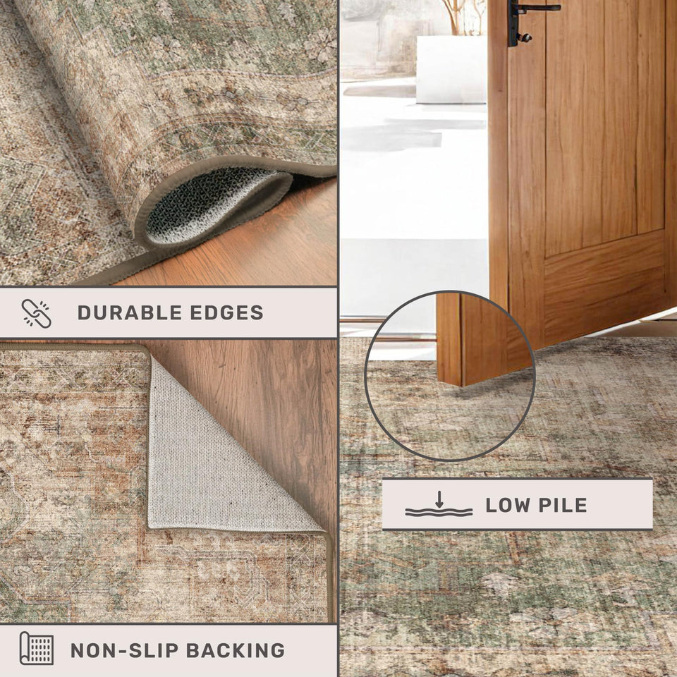 Neutral Living Room Rug - 10x14 Farmhouse Beige Brown Large Area Rug for Dining Room, Bedroom, Low Pile Lightweight Washable