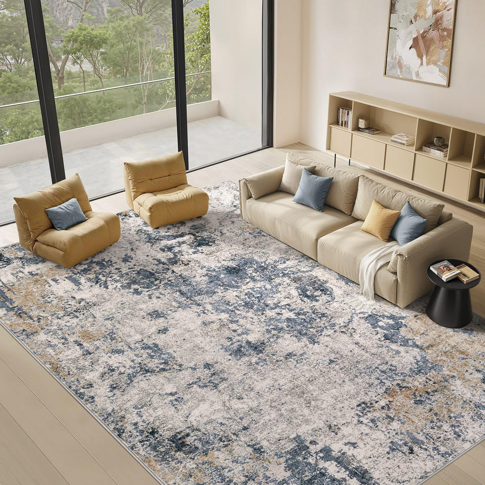 Area Rugs for Living Room: 12x15 Abstract Washable Rug Modern Neutral Large Soft Stain Resistant Non-Slip Backing Machine Table for Bedroom Dining Room Indoor Home Office Carpet - Gold Brown