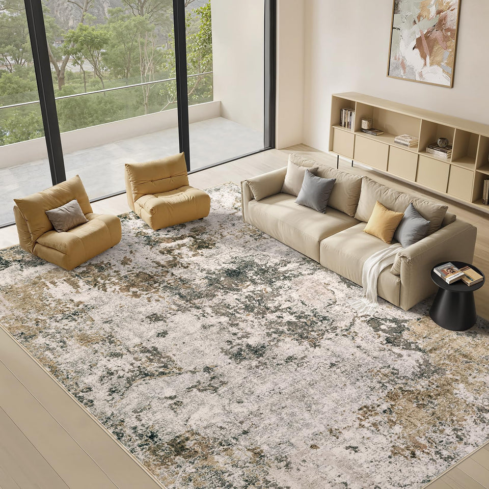 Area Rugs for Living Room: 12x15 Abstract Washable Rug Modern Neutral Large Soft Stain Resistant Non-Slip Backing Machine Table for Bedroom Dining Room Indoor Home Office Carpet - Gold Brown