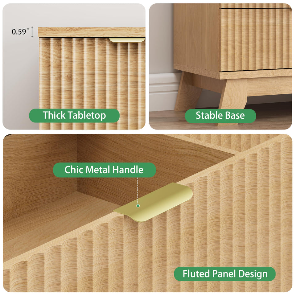 Fluted Dresser for Bedroom with 9 Drawers, 57" Wide Modern Chest of Drawers with Metal Handle, Wooden Dresser TV Stand, Wood Closet Clothes Storage Organizer for Living Room, Hallway, Natural Oak