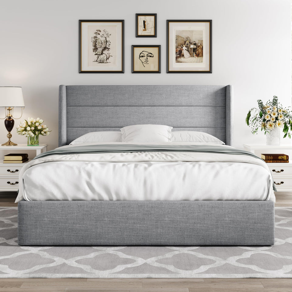 Allewie King Size Lift Up Storage Bed, Modern Wingback Headboard, Hydraulic Support, No Box Spring Needed, Light Beige