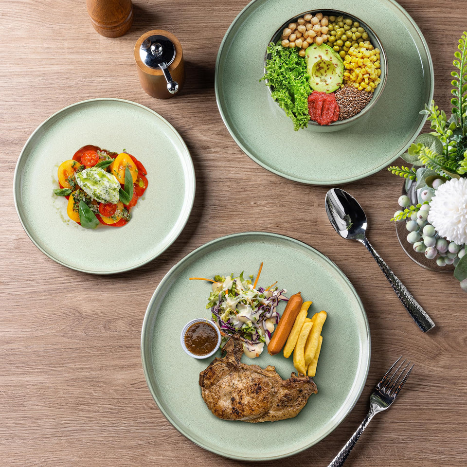 GBHOME Ceramic Dinnerware Sets for 8, 24 Pieces Stoneware Plates and Bowls Sets, Scratch Resistant Dishes, Dishwasher & Microwave Safe, Reactive Glaze-Green Wheat