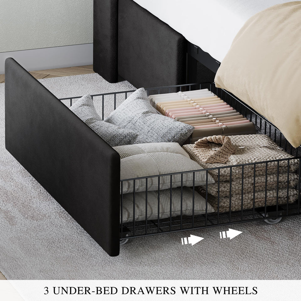 YITAHOME King Size Bed Frame with 3 Storage Drawers and RGB LED Lights, Velvet Upholstered Bed with Charging Station and Storage Headboard, No Box Spring Needed, Easy Assembly, Noise-Free, Grey