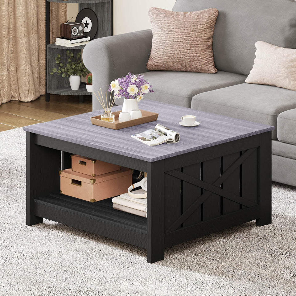 YITAHOME Coffee Table Farmhouse Coffee Table with Storage Rustic Wood Cocktail Table, Square Coffee Tables for Living Meeting Room with Half Open Storage Compartment, Grey Wash
