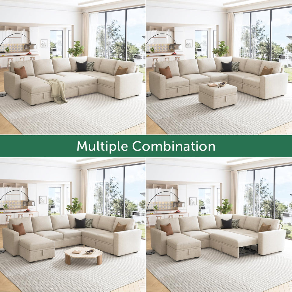 HONBAY Sectional Sleeper Sofa with Pull Out Bed, U Shaped Couch with Storage, Modular Sectional Couches for Living Room, Dark Grey