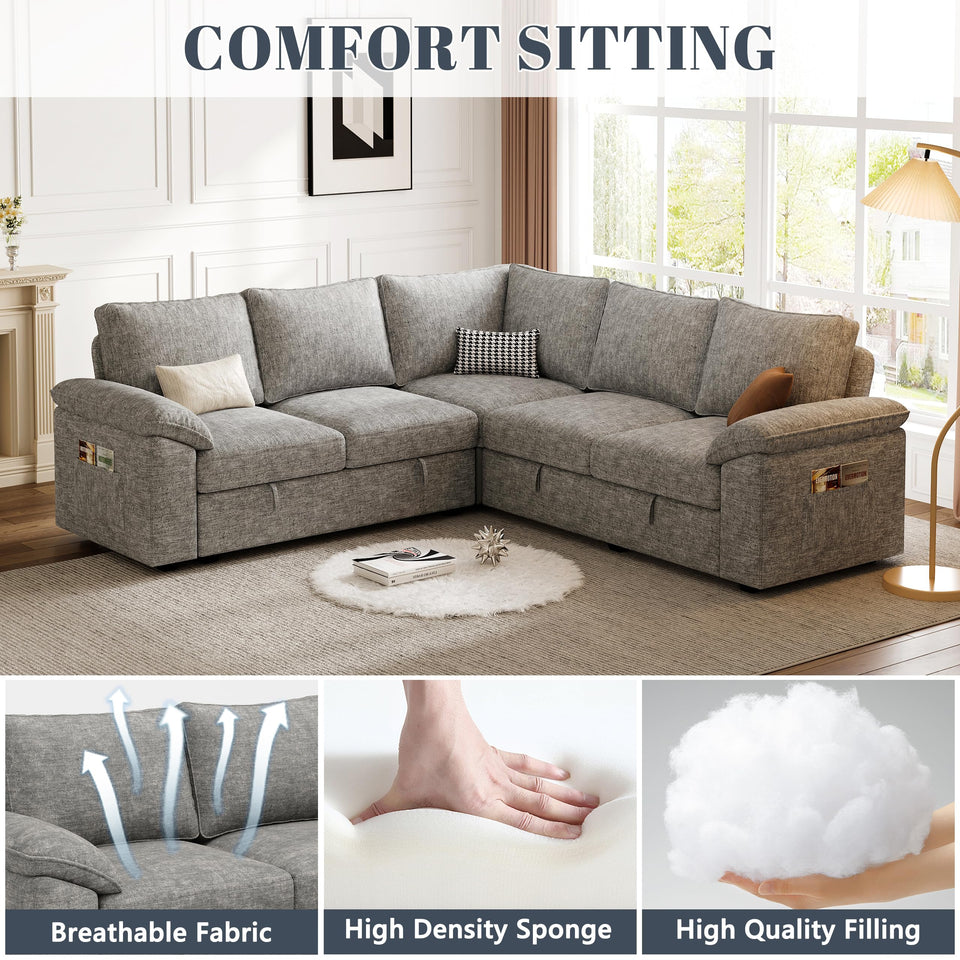 SUAWY 108 Inch Sectional Sleeper Sofa with Pull Out Bed,U Shaped 7 Seat Modular Sectional Sofa with Storage,Sectional Couches for Living Room,Cloud Modular Couch,Removable Sofa Cover,Dark Grey