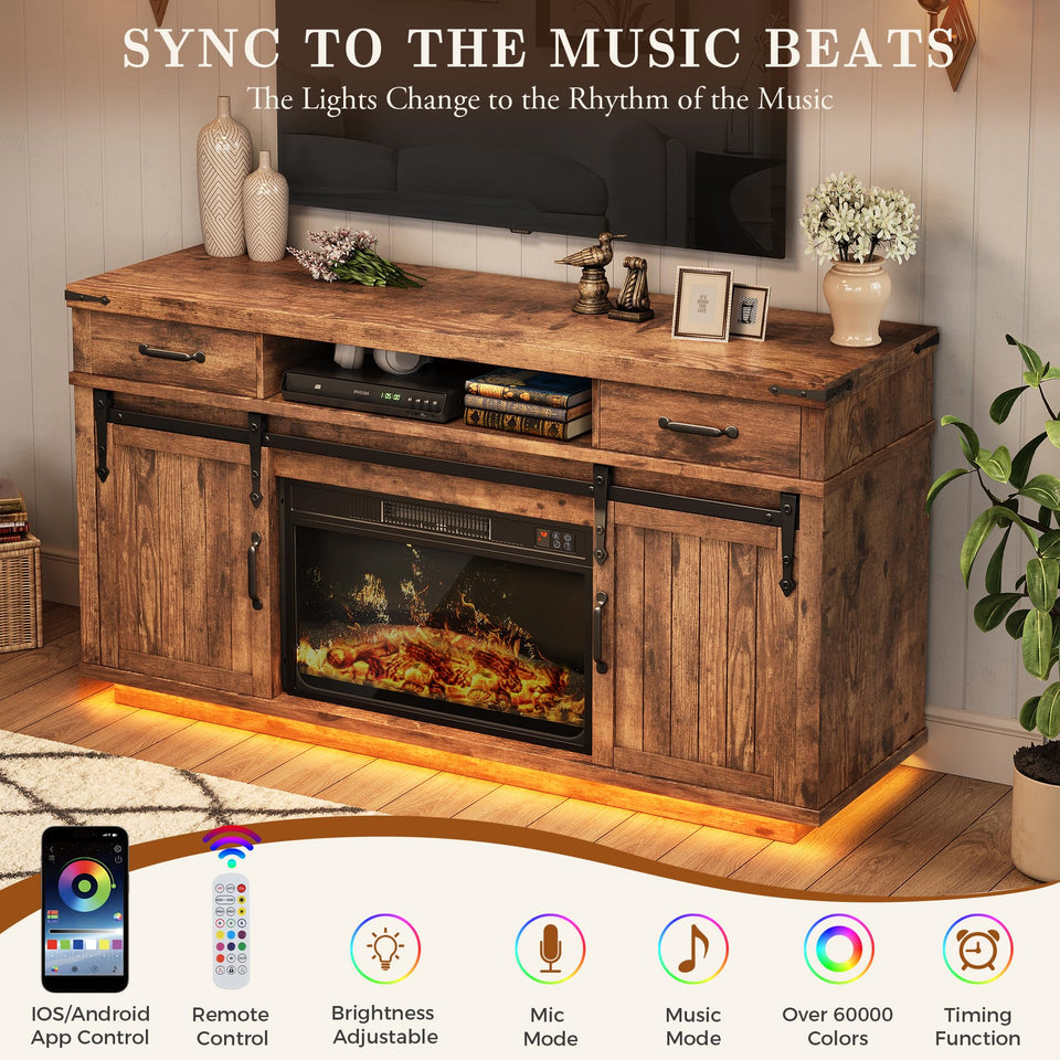 59'' Fireplace TV Stand with 3D Flame Electric Fireplace Heater, 34'' Tall Farmhouse TV Stand for 65 Inch TV, Entertainment Center TV Console with 2 Drawers, Sliding Barn Door for Living Room - White