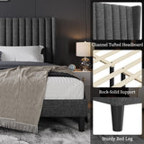 Yaheetech King Bed Frame Upholstered Platform Bed with Fabric Headboard, Wing Edge Design/Non-Slip and Noise-Free/Wooden Slats Support/No Box Spring Needed/Easy Assembly, Ivory King Bed