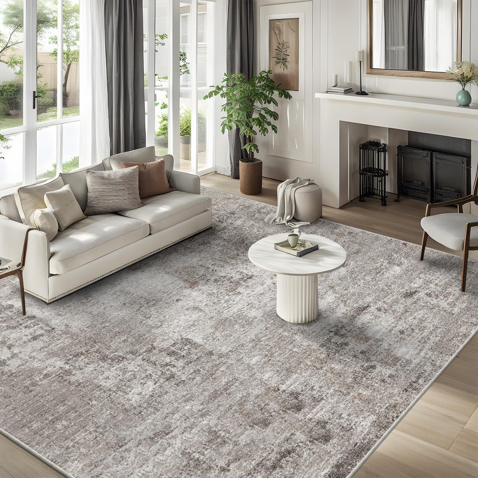 12x15 Area Rug for Living Room – Large Modern Neutral Abstract Thin Washable Carpet, Soft Low Pile Non-Slip Stain-Resistant for Bedroom Dining Room Home Office (Beige Grey)