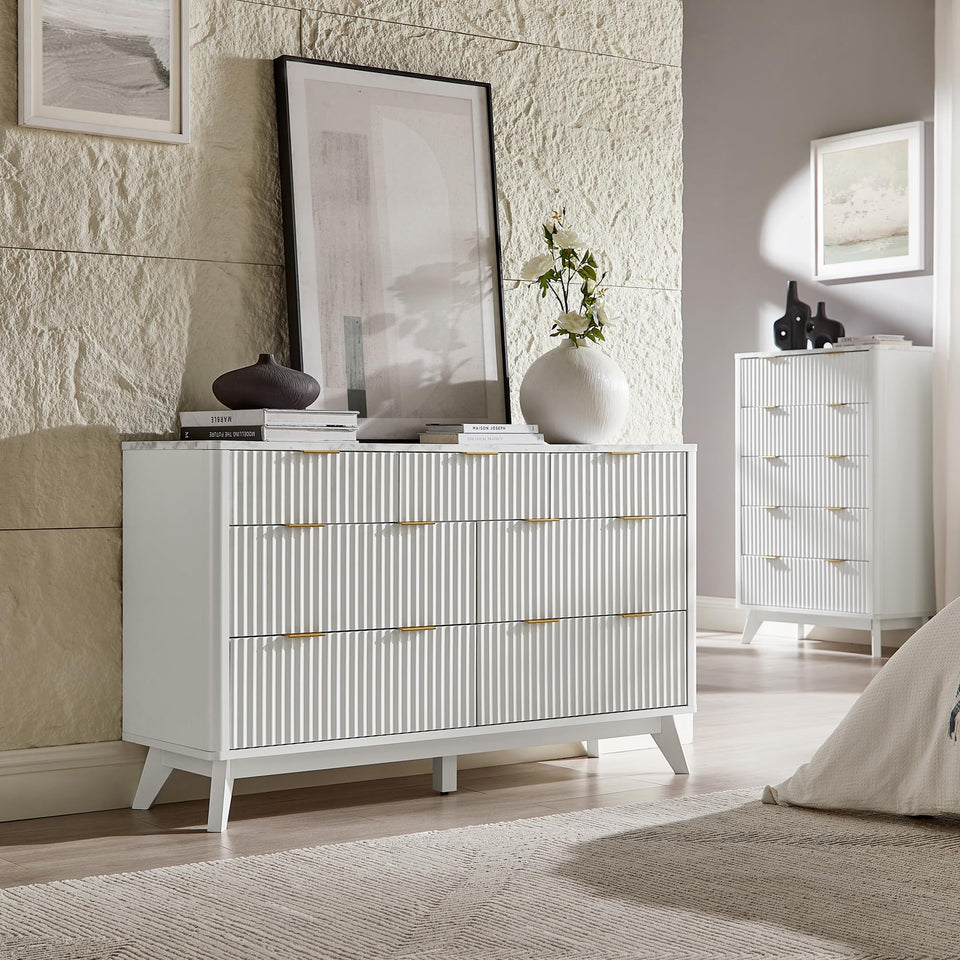 T4TREAM Fluted 7 Drawers Dresser, 54" Wide Modern Chest of Drawers with Faux Marble Top, Curved Profile Design, Dresser TV Stand, Wood Drawer Organizer for Bedroom, Living Room, Hallway, Natural Oak