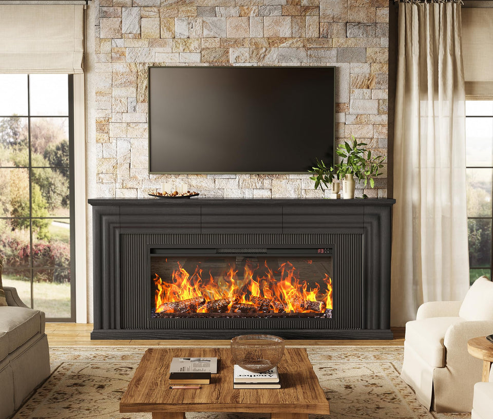 PRAISUN 70'' Fireplace TV Stand with 42'' Electric Fireplace, Farmhouse TV Stand for 65 75 Inch TV, Entertainment Center TV Console with 3 Drawers, Fluted Design, for Living Room, Distressed White